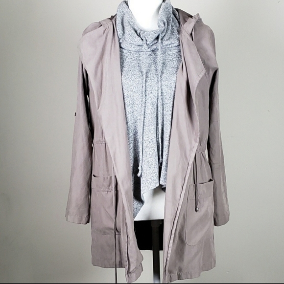 Becool Tan Hooded Utility Jacket Coat Women's Medium Drawstring Roll Tab Sleeves - Picture 2 of 11